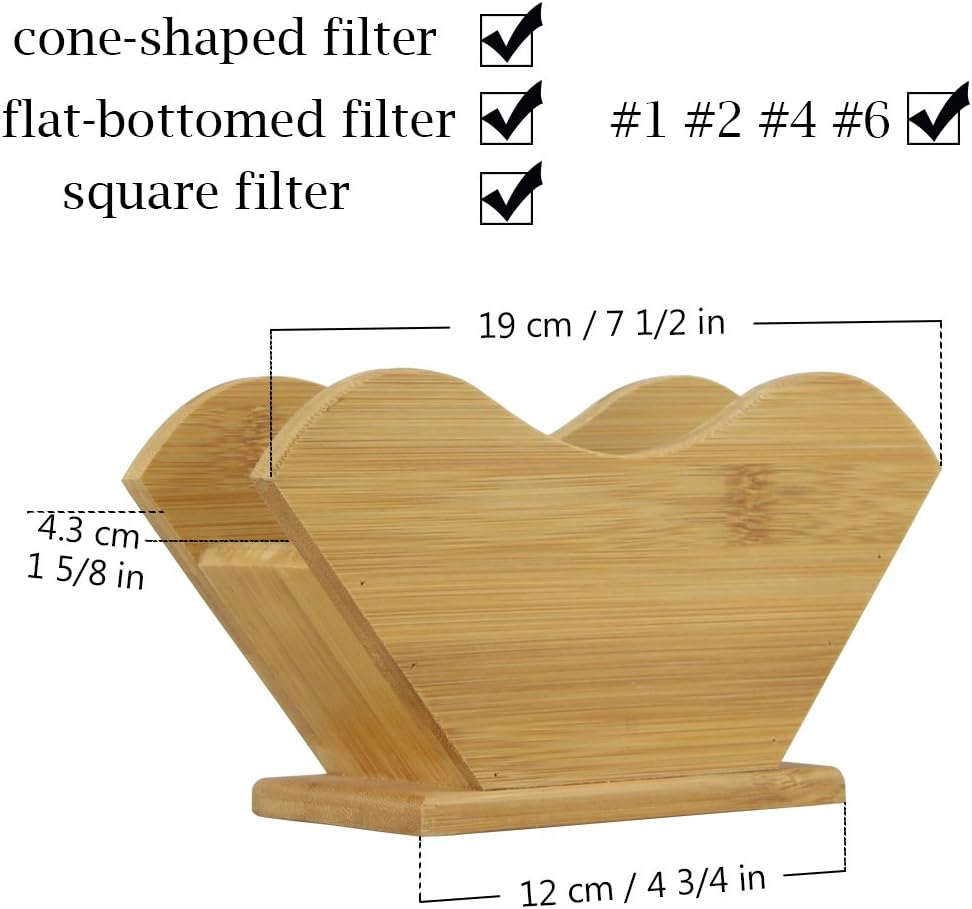 Unibene Bamboo Coffee Filter Holder, Renewable Stand Container Dispenser Rack Shelf for Square Cone-shaped and Flat-bottomed Pour Over Paper Filters