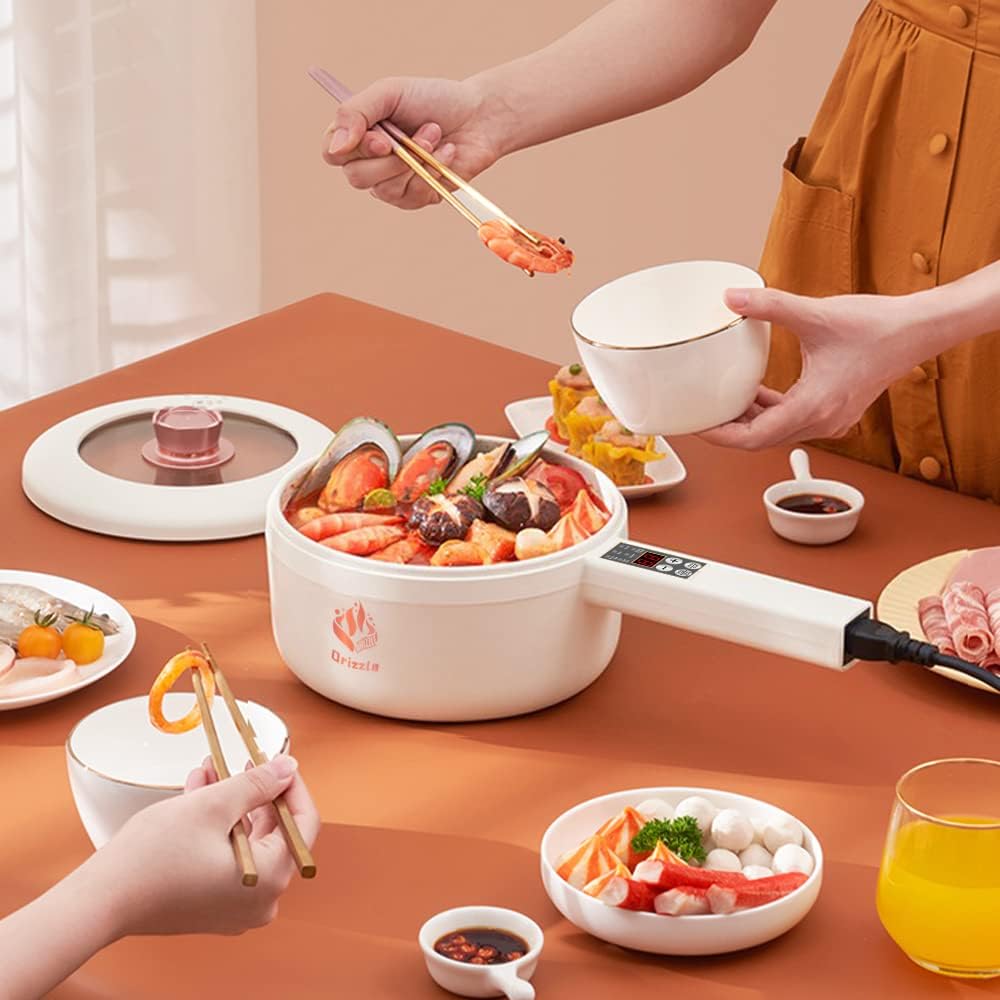 Drizzle Electric Hot Pot Cooker Steamer 1.8L Multifunctional Nonstick Pan Dormitory Office Portable Ramen Cooker Steamer Boil Dry Protection Suitable For Noodles Steak Cooker Eggs StirFrying