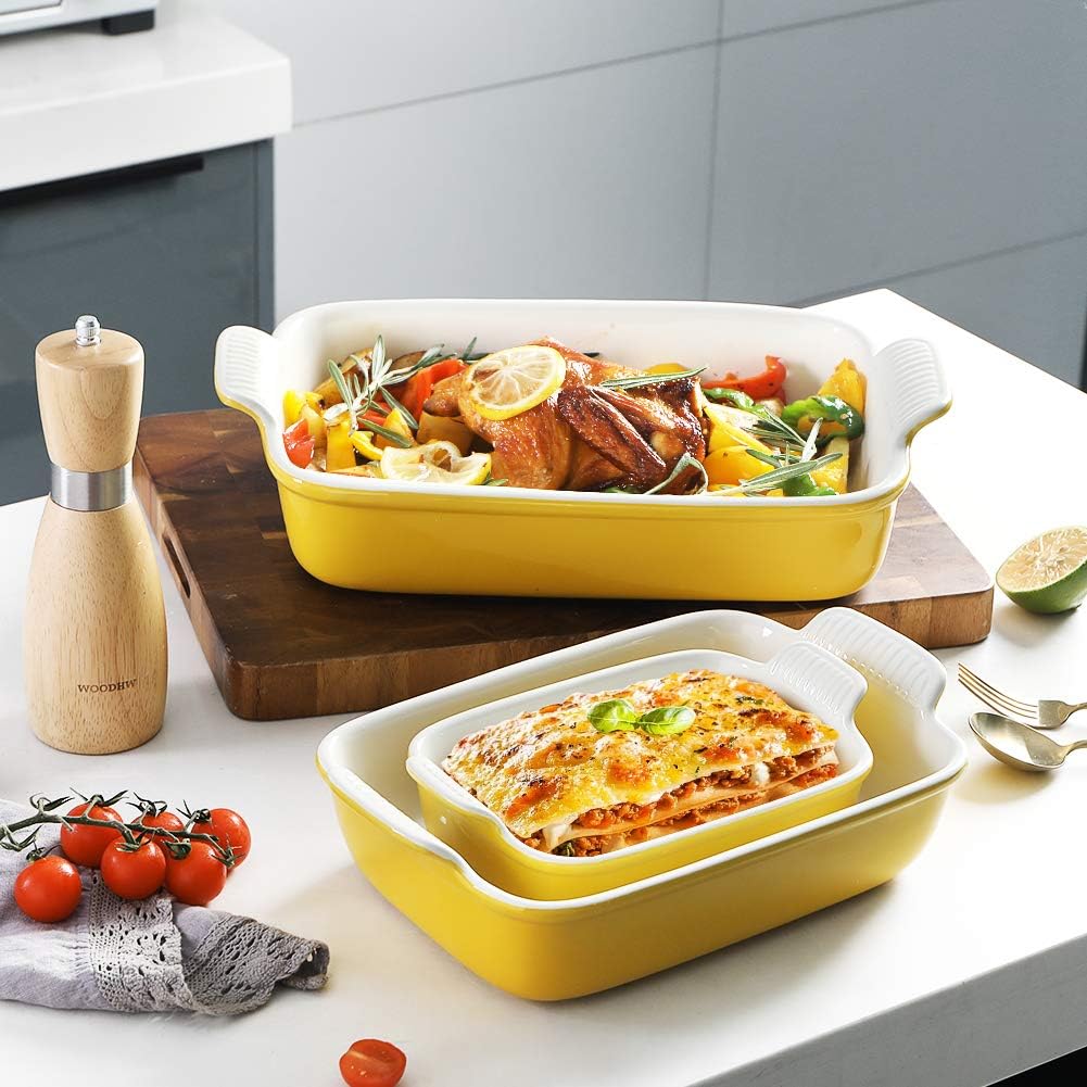 Sweejar Baking Pans Set, Ceramic 9x13 Baking Dish with Handle, Rectangular Casserole Dishes for Oven, Bakeware Sets of 3, Durable Lasagna Pan Deep for Kitchen, Banquet, Wedding Gift(Yellow)