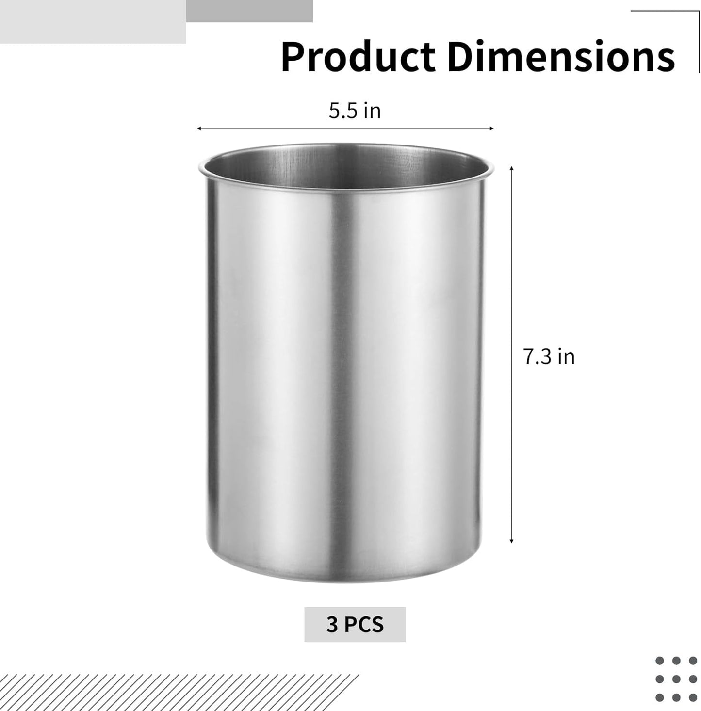 3 PCS Stainless Steel Kitchen Utensil Holders, 5.5 x 7.3 in Cylinder Kitchen Countertop Organizer, Dishwasher Safe Cooking Utensil Holder, Large Capacity for Cafe Restaurant Bakery