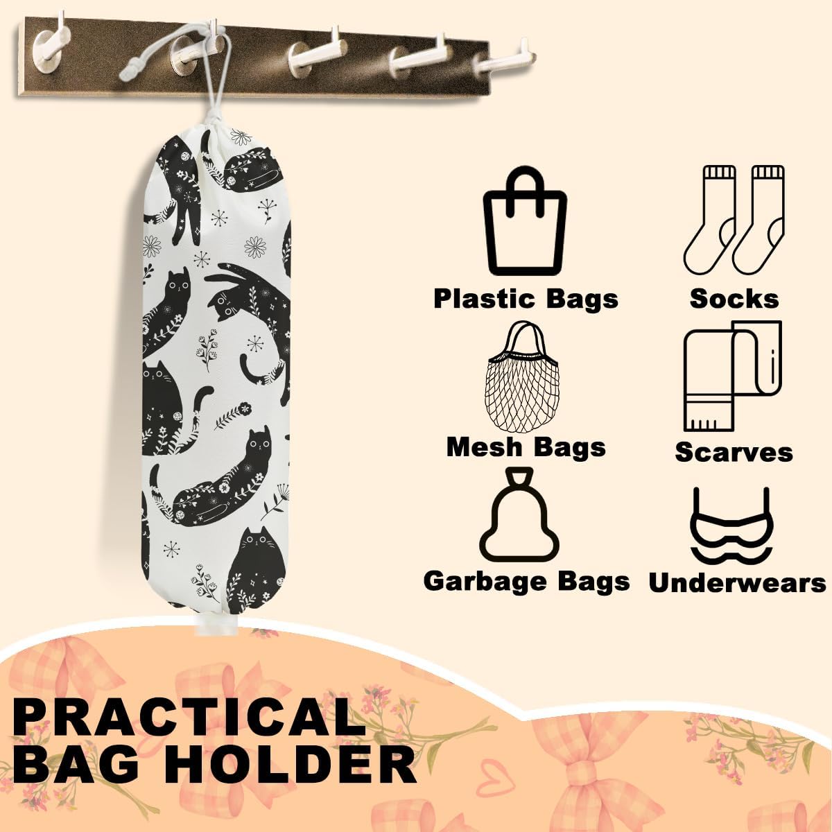 Black White Floral Cat Plastic Bag Holder, Wall Mount Grocery Bag Holder for Plastic Bags, Vibrant Cats Reusable Grocery Bags Storage Dispenser for Home Kitchen Decor, Cat Lover Gifts for Women