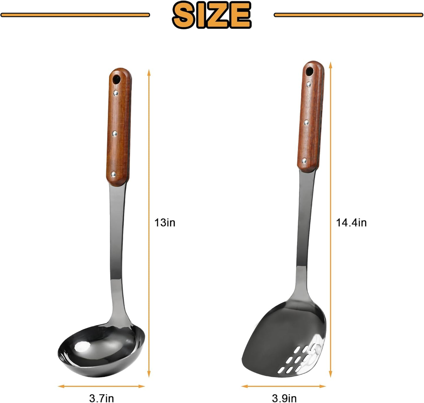 FJNATINH Stainless Steel Wok Spatula and Ladle Tool, Mirror Polished Cooking Utensils Set Metal Wok Accessories with Wooden Handle,Easy to Clean Kitchen Utensils,Black