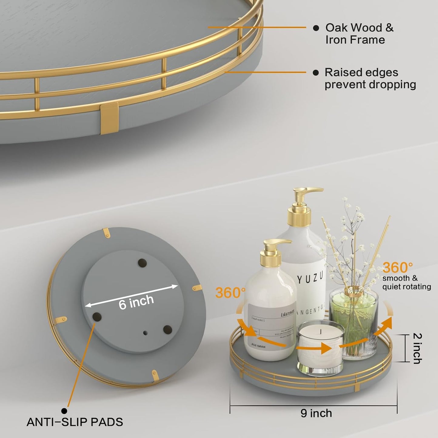 9" Wooden Lazy Susan Turntable for Cabinet – Rotating Spice Rack Organizer, Small Gray Kitchen Countertop Tray for Dining Table & Pantry Storage