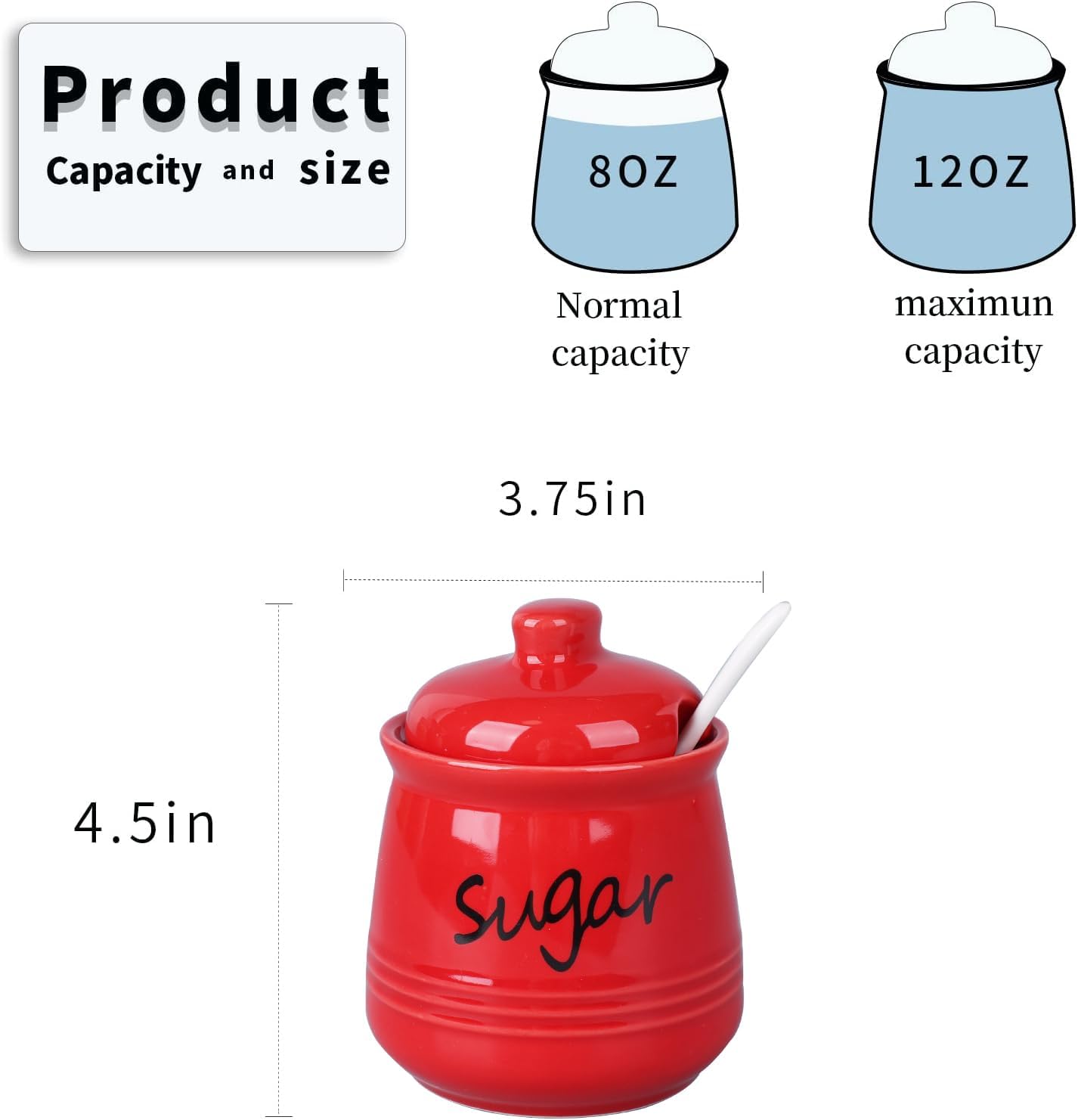 HAOTOP 12oz Sugar Bowl with Lid and Spoon,Ceramic Sugar Jar Sugar Dispenser Sugar Container Coffee Bar Accessories, Kitchen Countertop Canisters, Red