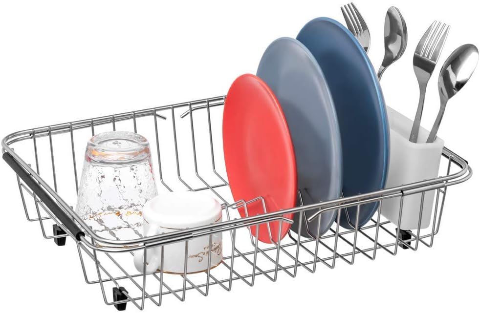 SANNO Dish Drying Rack, Expandable Dish Drainer Over Sink in Sink On Counter with Utensil Silverware Storage Holder, Rustproof Stainless Steel