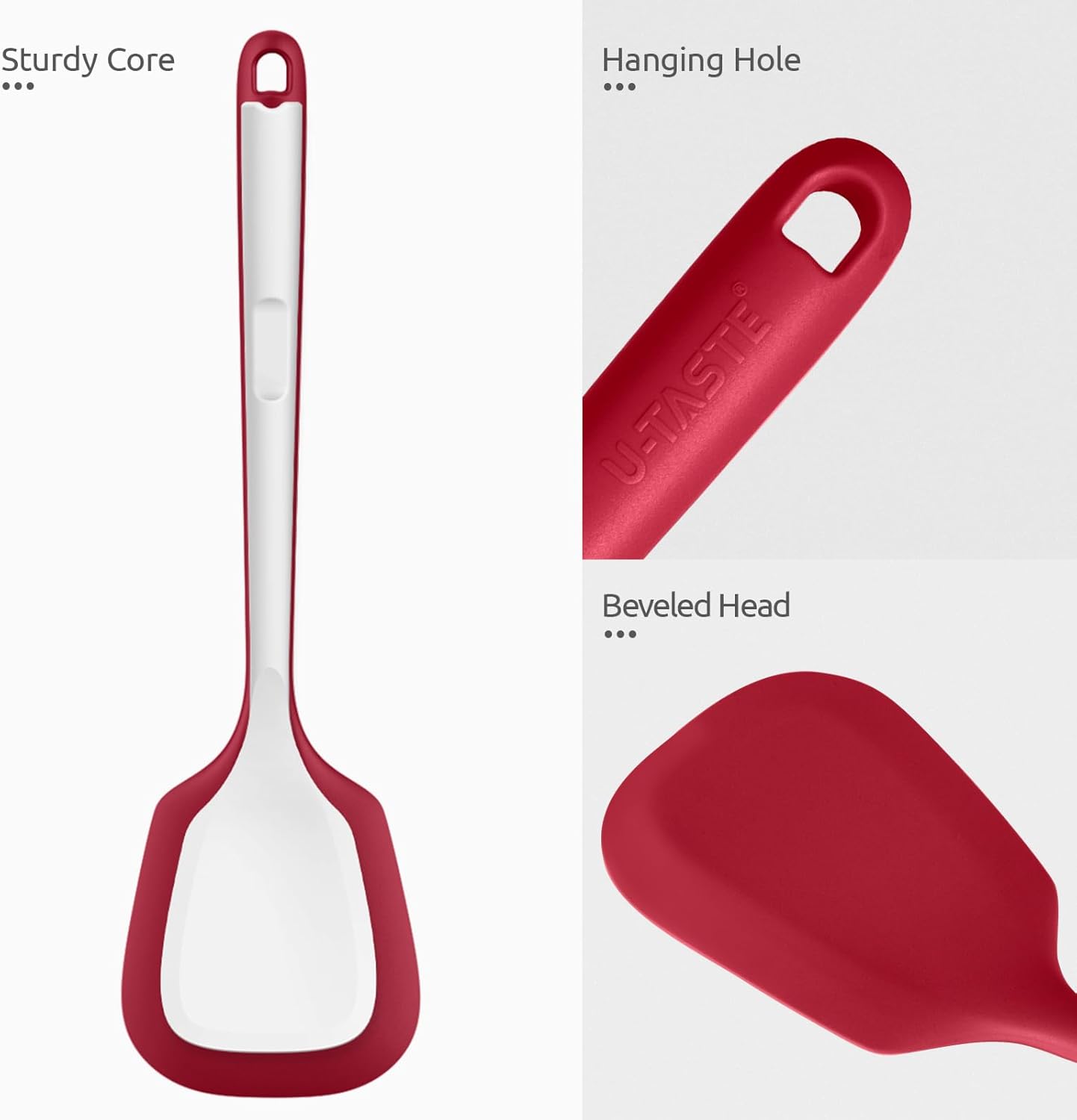 600ºF Heat Resistant Silicone Turner: U-Taste 13.6in Long Solid & Slotted Thick Kitchen Spatula Flipper, Large Flexible Cooking Utensil for Flipping Egg, Pancake in Nonstick Cookware (Rose Red, 2PCS)