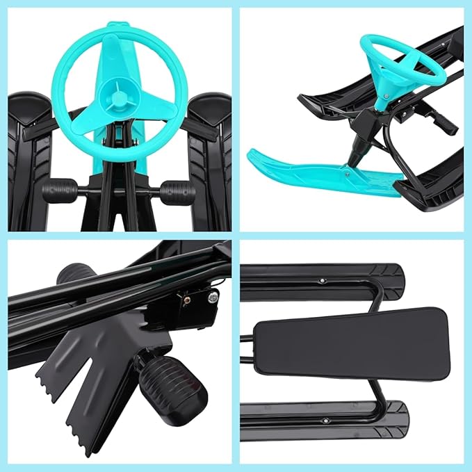 Snow Racer Sled, Ski Sled Slider Board with Steering Wheel, Twin Brakes, Anti-Slip Pedal, Snow Sled for Kids