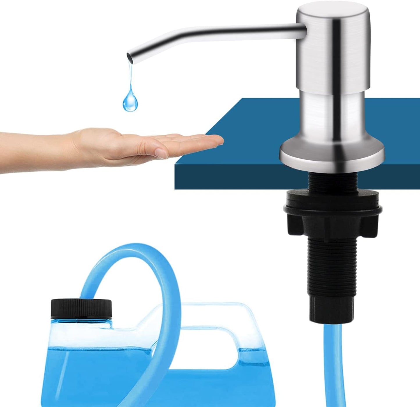 Kitchen Sink Soap Dispenser, Brushed Nickel Countertop Soap Dispenser Pump, 47" Silicone Extension Tube Connect to The Soap Bottle Directly, Say Goodbye to Frequent Refills