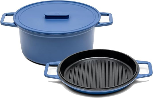 Misen 5.5 QT Enameled Cast Iron Dutch Oven - Chip-Resistant Enamel Coating - Thick Iron Core For Heat Retention - Large Cooking Surface - Oven Safe, Induction Compatible - Grill and Silicone Lid, Blue