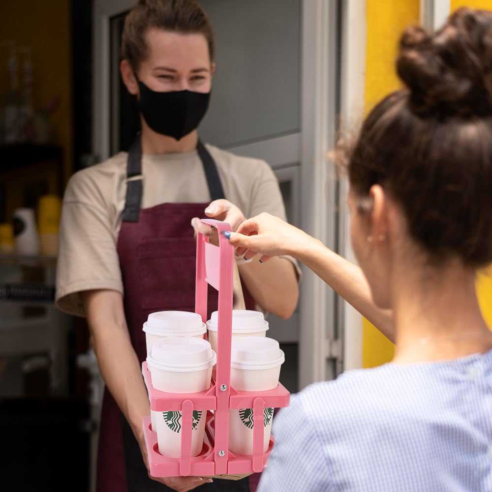 Bodaon 4 Cup Drink Carrier with Handle, Plastic Cup Carriers for Drinks, Drink Holder for Car, GrubHub/Eats Doordash Accessories, Portable Foldable Reusable Mobile, Use for Food Delivery Bag, Pink