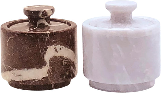 Marble Salt Cellar with Lid - 2 Pack Set, 3.5oz Kitchen Storage Containers, Premium White Red Marble Pattern