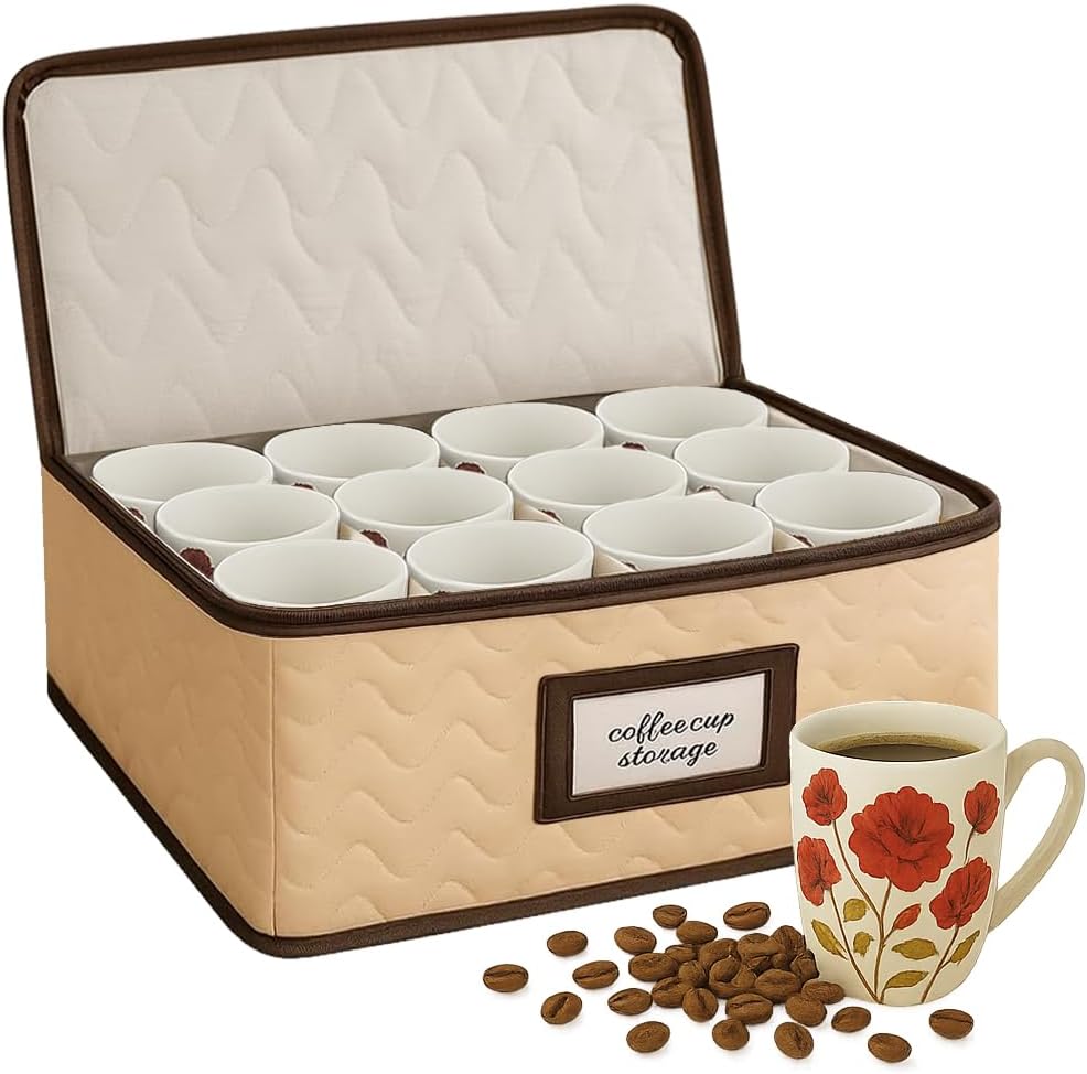 Mugs Storage Container - Quilted Microfiber China Organizer Box with Dividers , Protects & Organizes Up to 12 Mugs - Ideal for Seasonal Dishware Protection