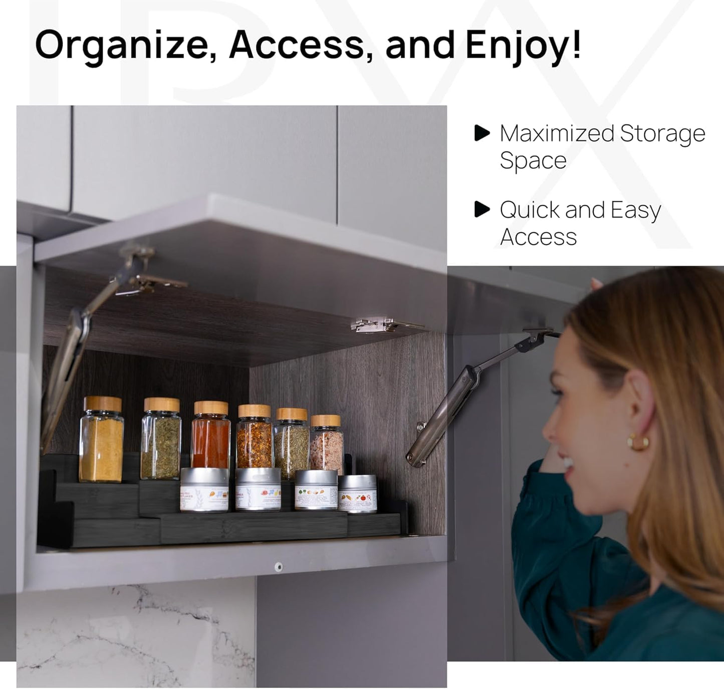 Ibyx Premium 3-Tier Spice Rack Organizer for Cabinet - Expandable Bamboo Spice Storage - Non-Skid Countertop Step Spice Shelf - Great for Kitchen Cabinet, Countertop, Cupboard, Pantry (Black)