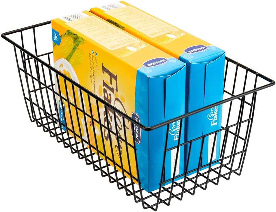 SANNO Freezer Wire Baskets, Refrigerator Freezer Baskets Wire Metal Storage Basket, Farmhouse Storage Organizer Bin for Pantry, Shelf, Kitchen, Cabinet, Bathroom Black 15.7" L x 7.9" Wx 5.9" H