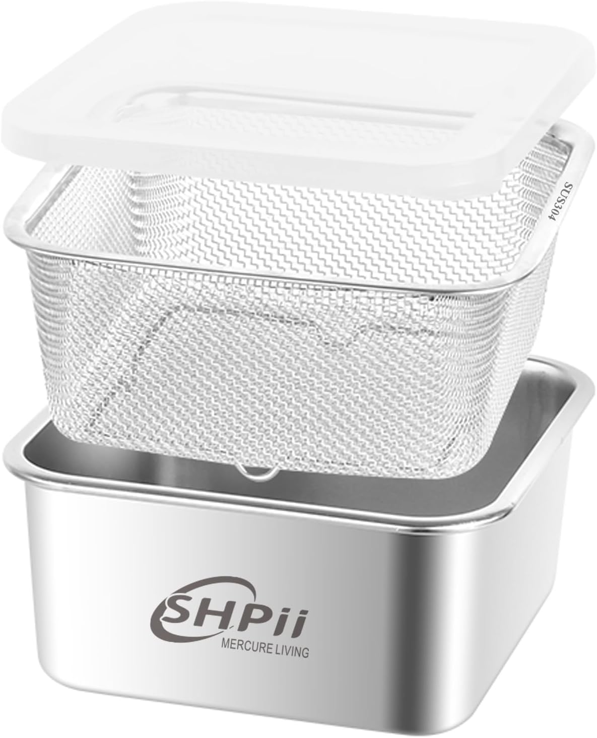 Square Colander Set, 304 stainless steel, with PE lid, deli containers, back of the kitchen preparation, washing and draining tools, refrigerator storage, frying oil filter (2500ML)