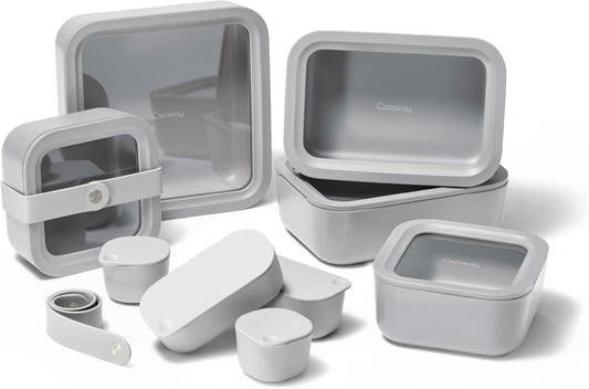 Caraway 14pc Glass Food Storage Container Set - Easy to Store, Non Toxic Lunch Box - with Glass Lids - Includes Storage Organizer & Dot & Dash Inserts - Gray