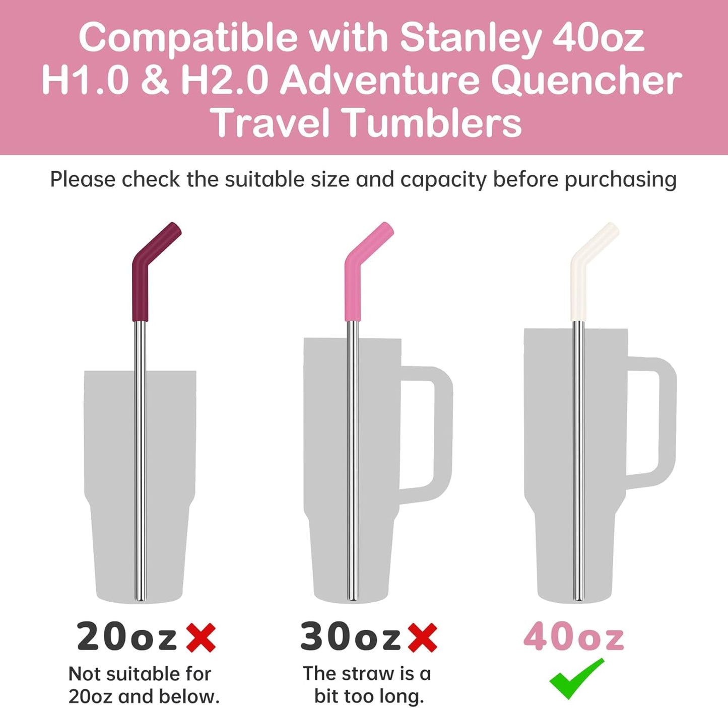 Tomorotec 6PCS Stainless Steel Straws with Silicone Tips for Stanley Tumbler 40oz, 13-Inch Reusable Straw Set with Colorful Extenders & 2 Brushes, Compatible with Wide Mouth Cups (Pink Series)