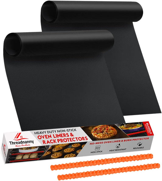 Oven Liners for Bottom of Oven Black (2-pack) Bundled with Rack Shield (2-pack) - Large Mat for Bottom of Range (17"x 25") and 14" Orange Stove Guards for Racks - Reusable & Heat Resistant