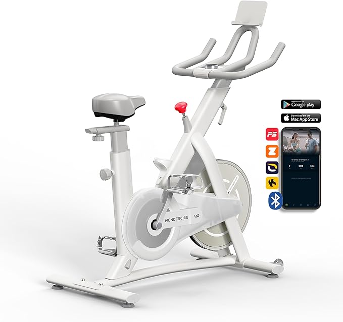 WONDER CORE Indoor Cycling Exercise Bike, WONDERCISE Bike - 13.2LB Flywheel, 32-Level Resistance, Silent Belt Drive, Bluetooth Connectivity, Tablet Holder, Adjustable Seat/Handlebars (White)