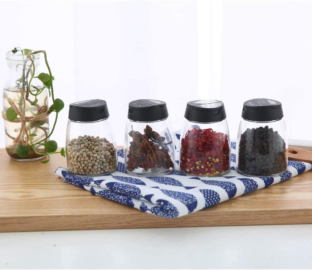 Glass Spice Jars, Double Lids Seasoning Shakers Glass Bottles Spice Shakers Sifter Barbecue Salt & Pepper Shaker Container (4PCS）