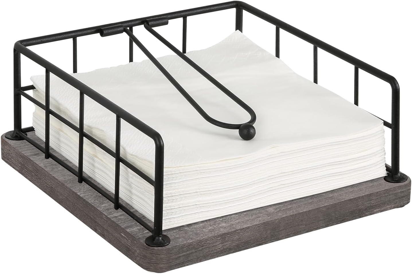 YINMIT Flat Napkin Holder for Table Wood, Gray Farmhouse Napkin Holders with Weighted Arm, Rustic Metal Square Napkin Holder Organizer for Kitchen Bathroom Dining Table