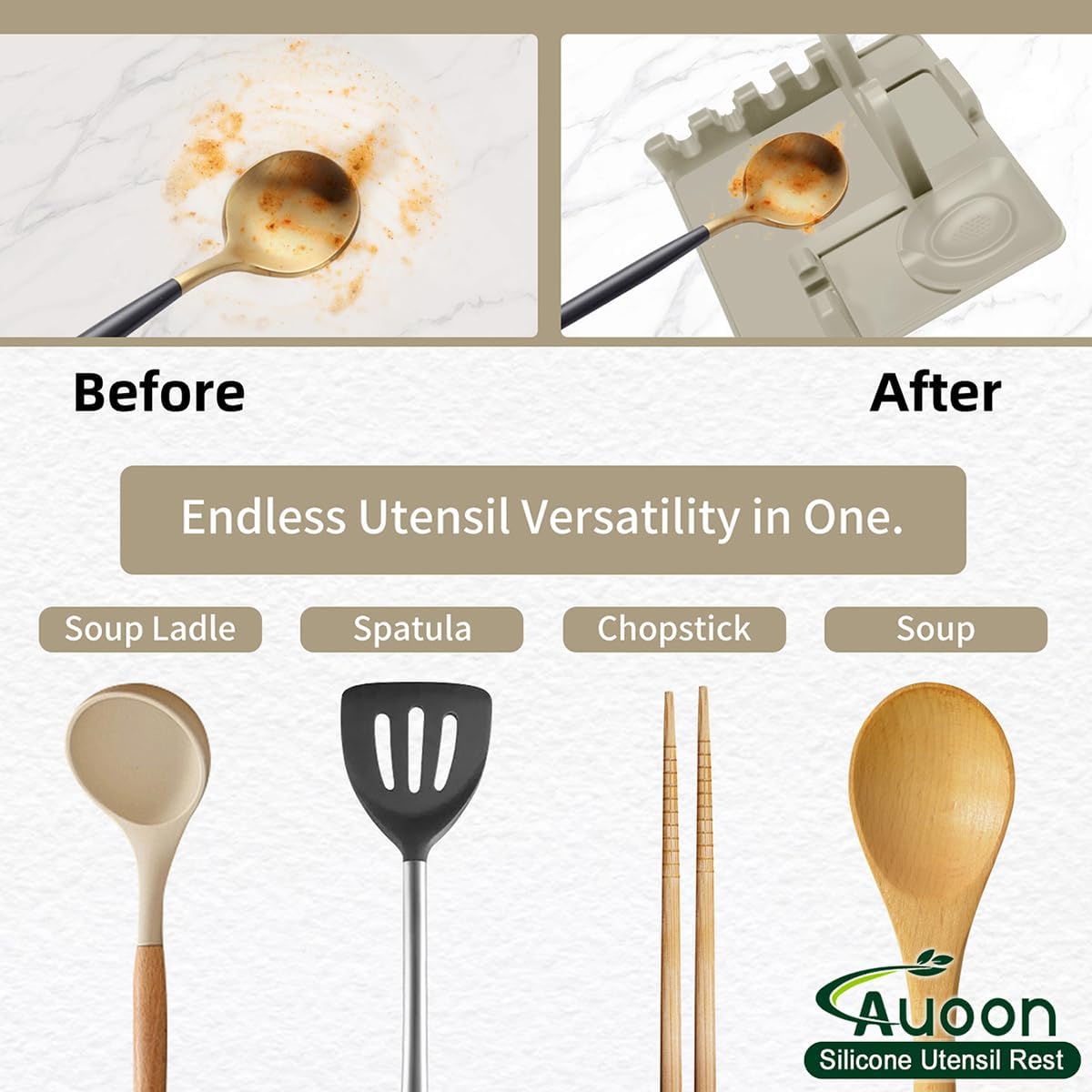 AUOON Spoon Holder for Stove - Silicone Spoon and Lid Rest with Drip Pad Kitchen Utensil Rest for Spoons, Ladles, Spatulas, Tongs & More (Milk Shake, Large)