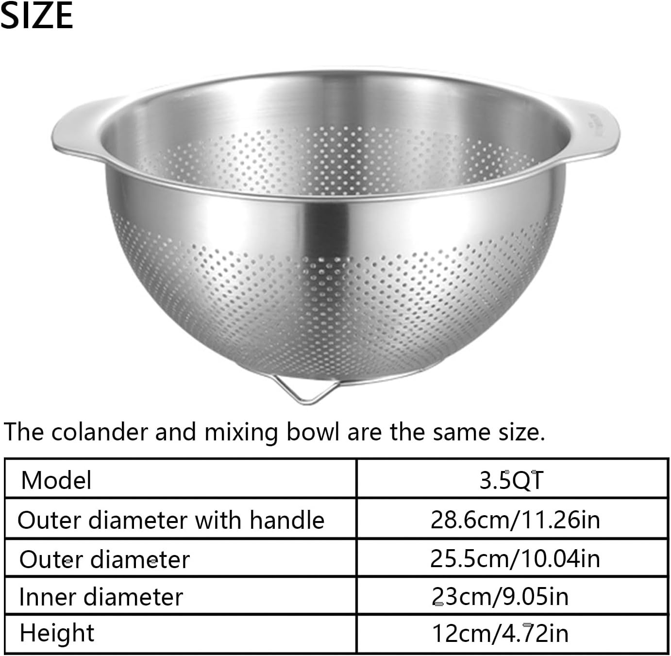 18/8 Stainless Steel Microwell Colander, 3.5QT Large Capacity with Handle Kitchen Food Strainer Basket for Washing Vegetables, Fruits, Rice, and Pasta (primary colour, 3.5QT)