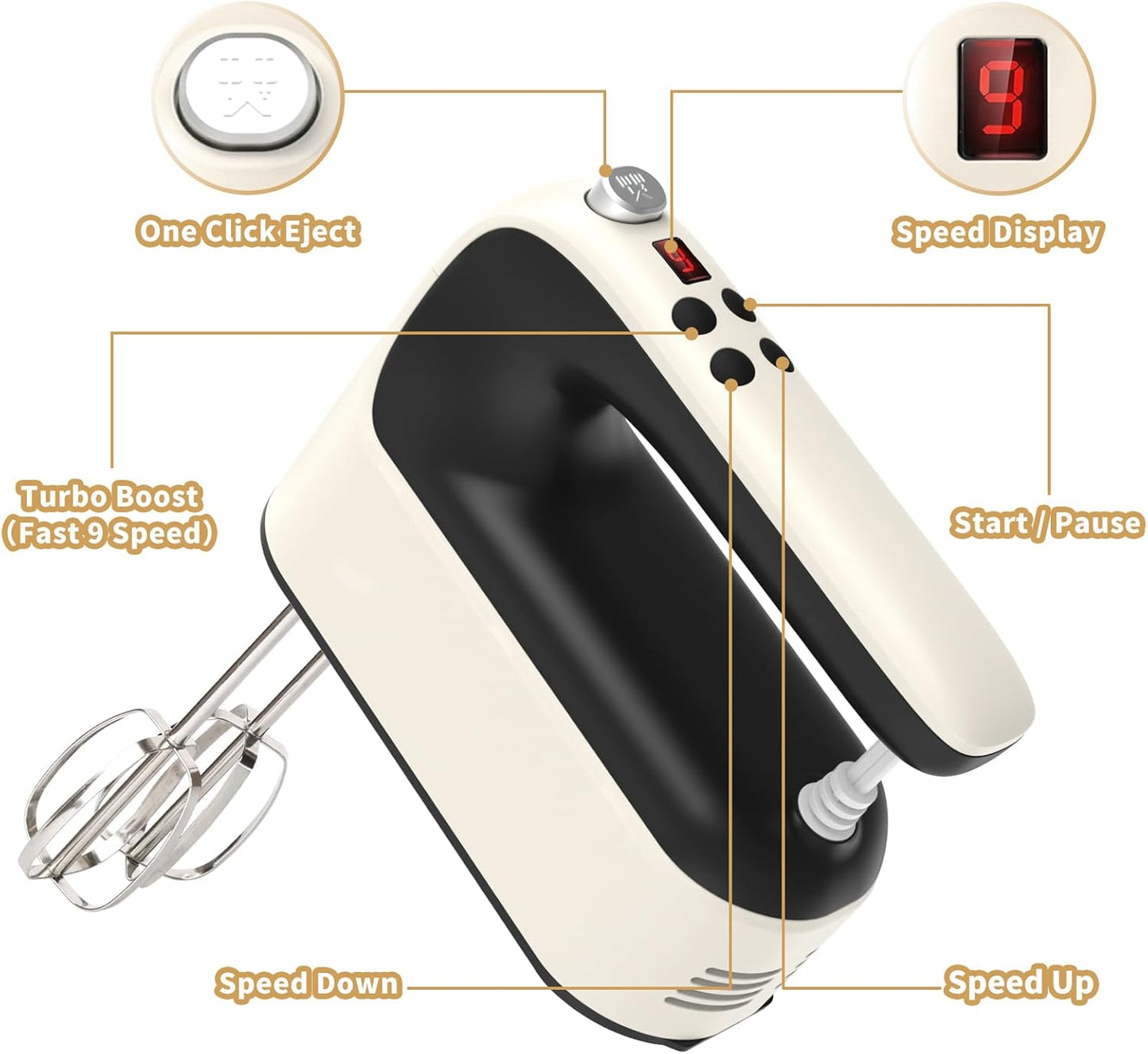 9-Speed Digital Hand Mixer Electric, 400W Powerful DC Motor, Baking Mixer Handheld with Snap-On Storage Case, 5 Stainless Steel Accessories, Flat Beaters, Dough Hooks, Whisk (Creamy&Black)