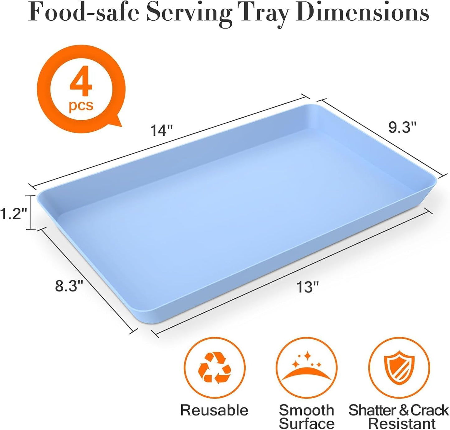 WOWBOX 4 pcs Serving Tray for Entertaining, Serving Platters for Snacks, Fruit, Cookies, Dessert, Reusable Plastic Trays for Serving Food and Pantry Organization in Kitchen & for Parties, (Blue)