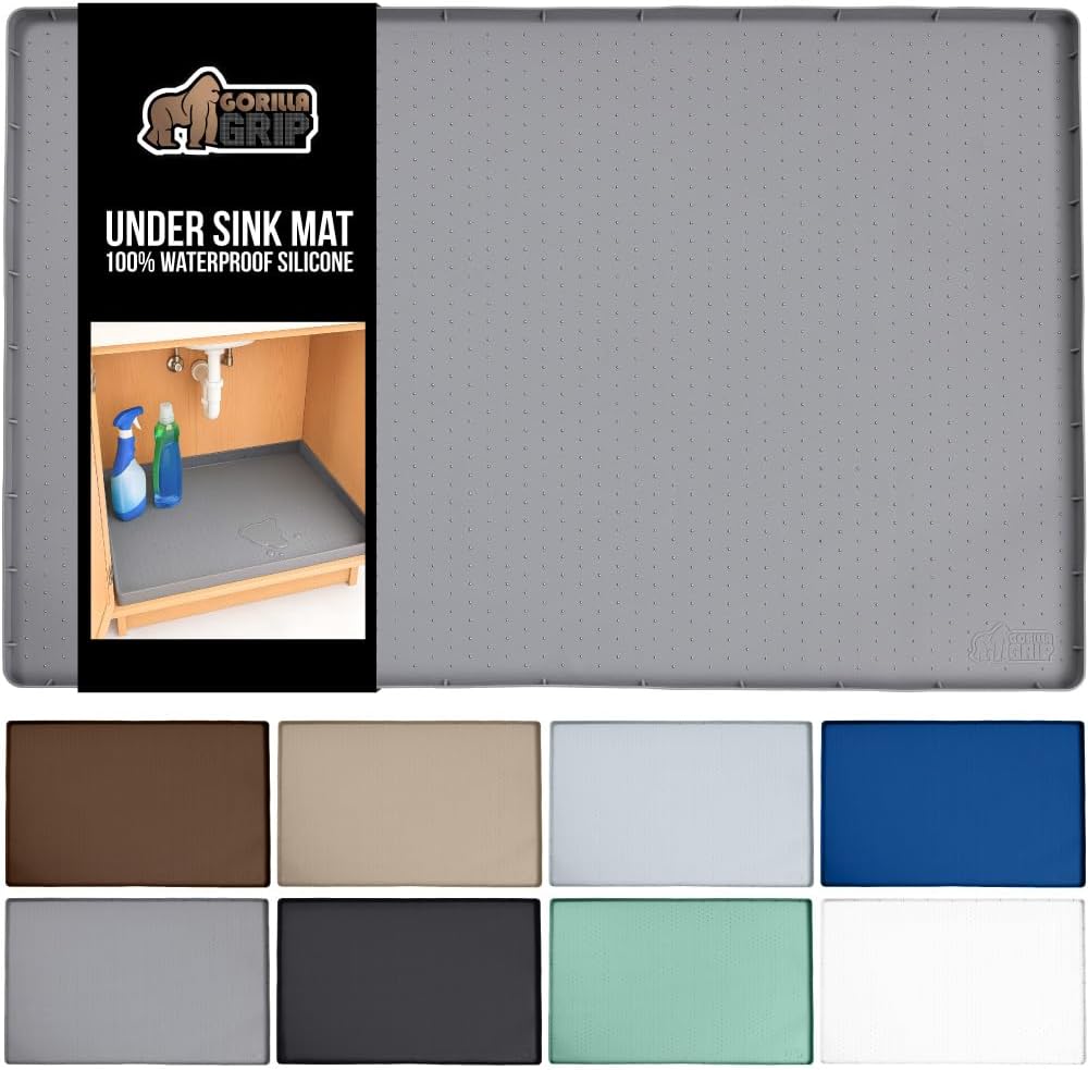 GORILLA GRIP Waterproof Silicone Under Sink Mat with Raised Lip for Kitchen and Bathroom, 34 x 22 in, Cabinet Shelf Liner Stay in Place Mats Dishwasher Safe Drawer Liner, Organizer Tray, Gray