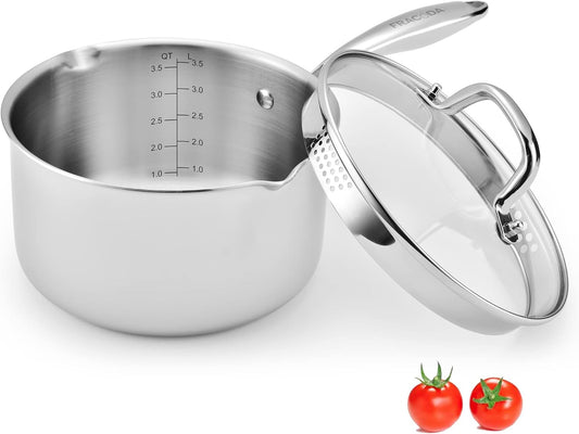 3.5 Quart Stainless Steel Pot Saucepan with Glass Strainer Lid, Sauce Pot with Two Side Spouts, Induction Cooking Pot, Multipurpose Sauce Pan with Lid for Cooking(Tri-Ply Full Body)