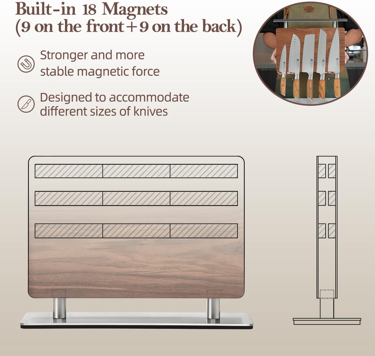 XINZUO Magnetic Knife Block,Natural Walnut Knife Holder Stand for Counter Top,with Strong Magnets,Double Sided Kitchen Knife Storage Rack