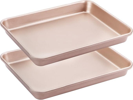 HONGBAKE Toaster Oven Pan Nonstick Set of 2, Premium 1/8 Sheet Pan for Baking, Small Cookie Sheet Tray, Dishwasher Safe and Heavy Duty - Rose Gold
