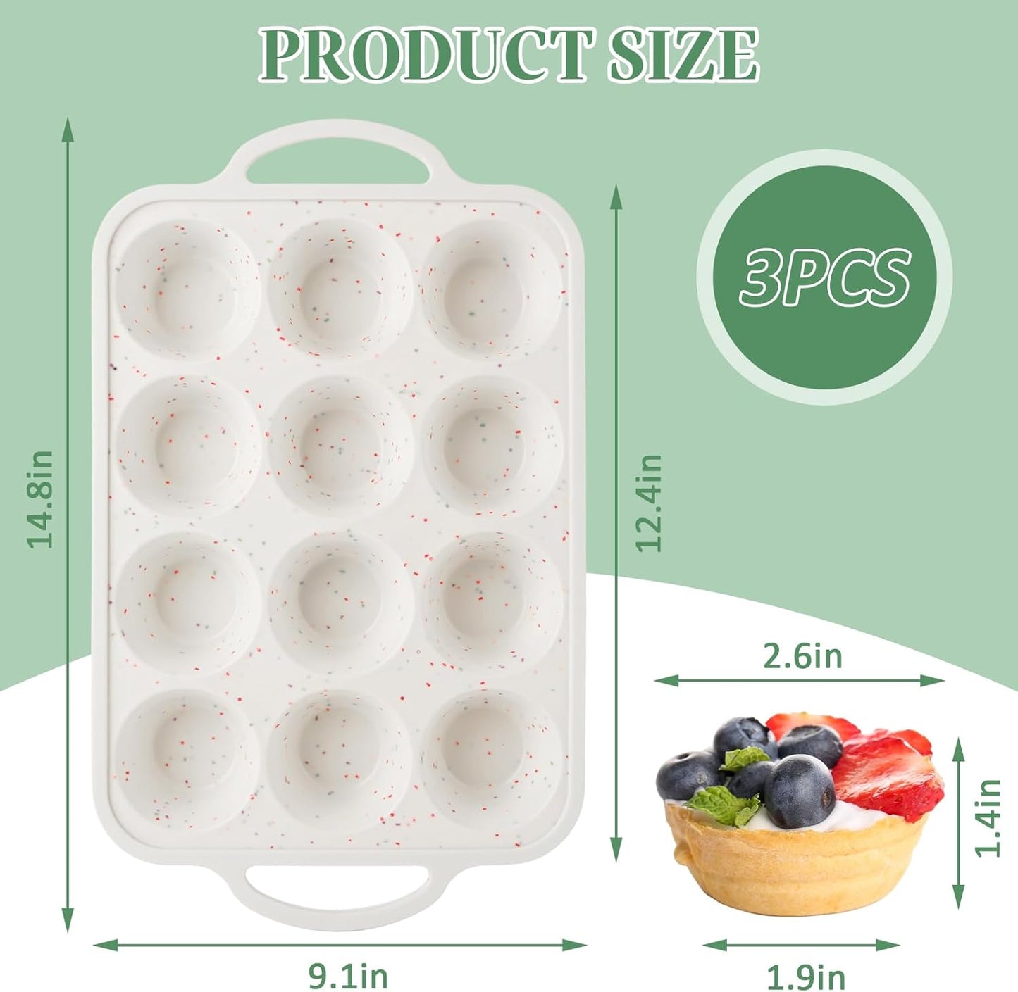 3 Pack Silicone Muffin Pans for Baking 12 Cup Mini Silicone Cupcake Pan with Metal Reinforced Frame, Nonstick Baking Cups BPA Free Siliconee Cupcake Molds for Oven Dishwasher Safe, Cream