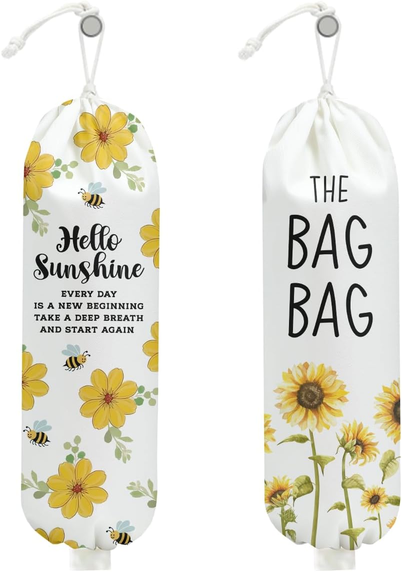 2Pcs Watercolor Flower Bee Plastic Bag Holder for Kitchen, Wall Mount Grocery Bag Holder for Plastic Bags, Summer Sunflower Reusable Grocery Bags Storage Dispenser for Home Kitchen Pantry Farmhouse