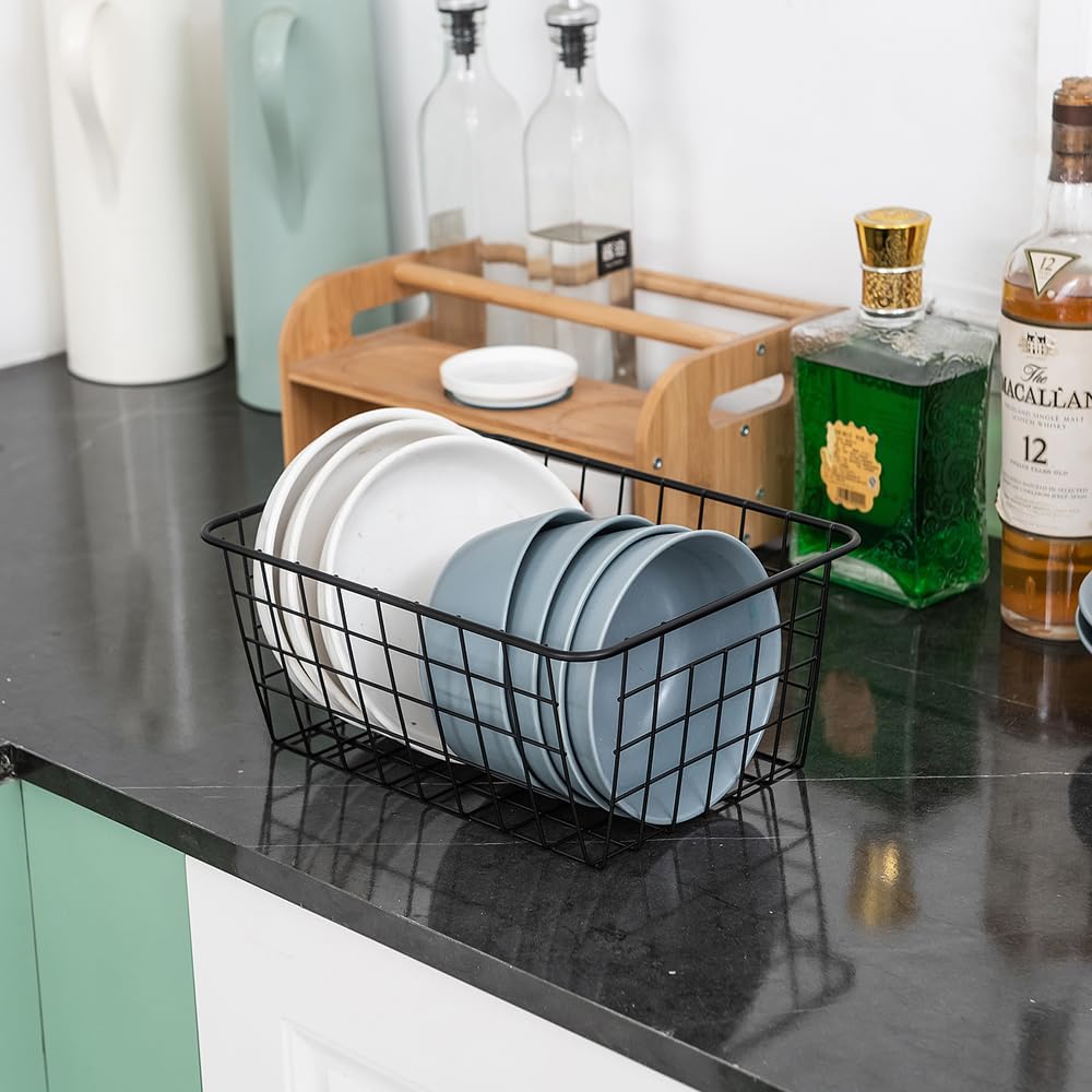 Wire Kitchen Storage Basket 4 Packs,Perfect Pantry Organization Accessories Basket,Laundry Baskets,Countertop Organization,Suitable for Kitchen,Bathroom,Bedroom,Tabletop,Stackable,Black