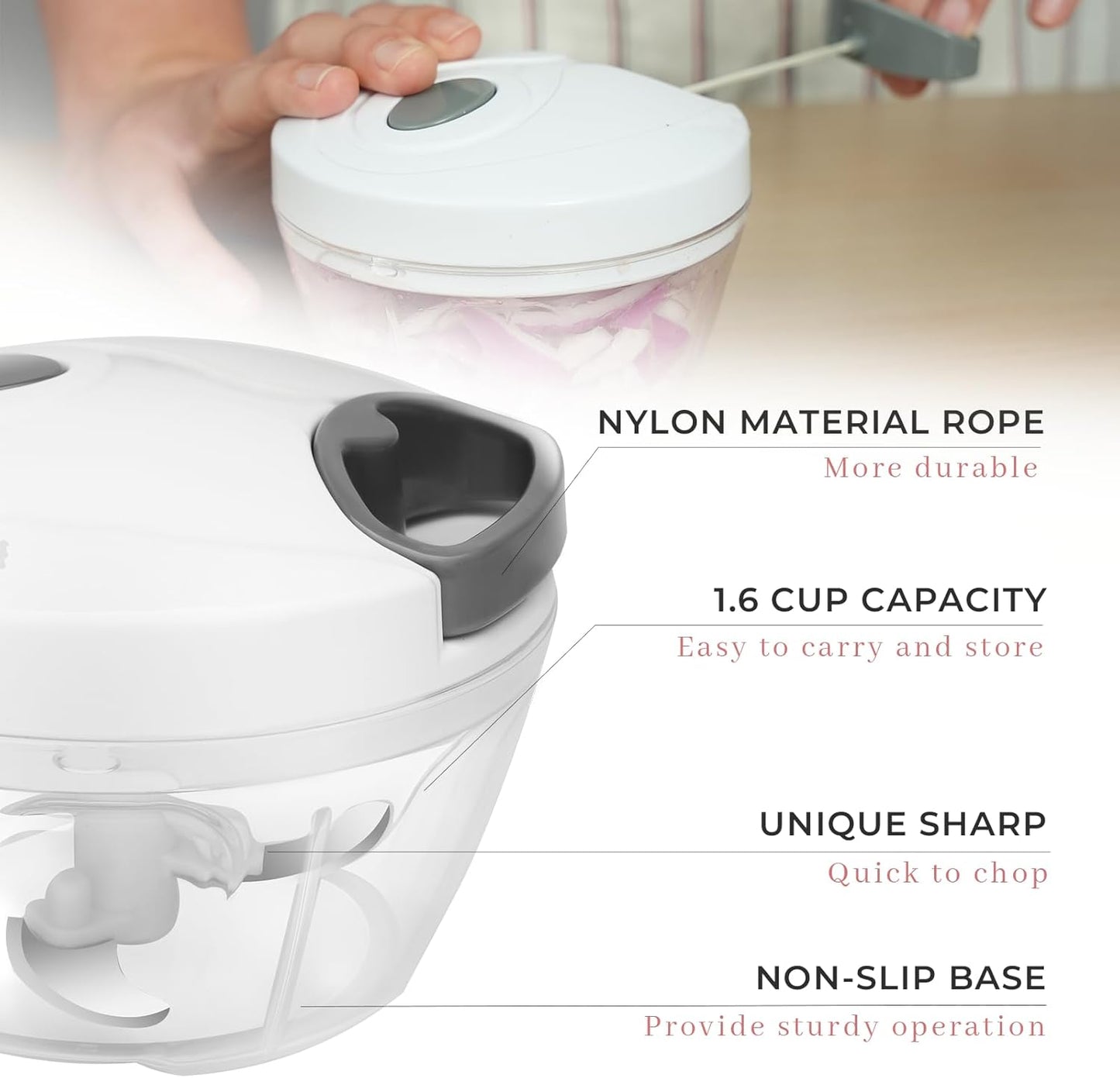 ZHANG XIAO QUAN SINCE 1628 Manual Food Chopper Hand Pull String Vegetable Cutter Onions Garlic Chopper Portable Food Mincer for Garlic Ginger Herbs Nuts Durable Kitchen Food Processor 1.6 Cup(400ml)