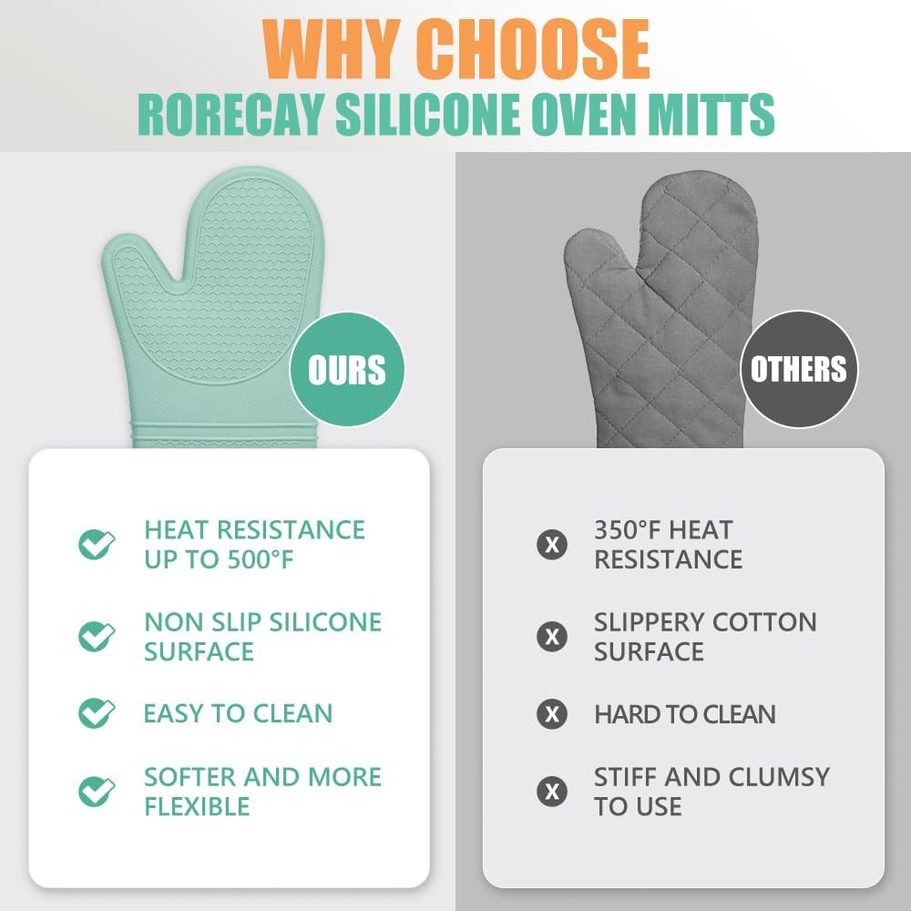 Rorecay 6pcs Oven Mitts and Pot Holders Sets Heat Resistant 500 Degrees, Extra Long Silicone Oven Gloves Non-Slip Potholders Hot Pads for Kitchen Baking Cooking, Quilted Liner, Bermuda Teal