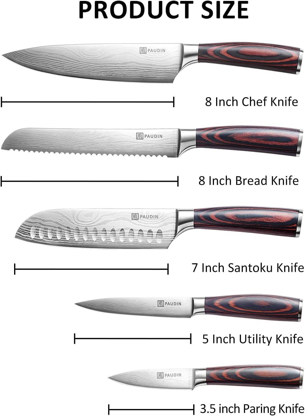 PAUDIN Kitchen Knife Set, Ultra Sharp Knife Set with Pakkawood Handle, High Carbon Stainless Steel Knives Set for Kitchen, 5 Piece Chef Knife Set Come with Gift Box