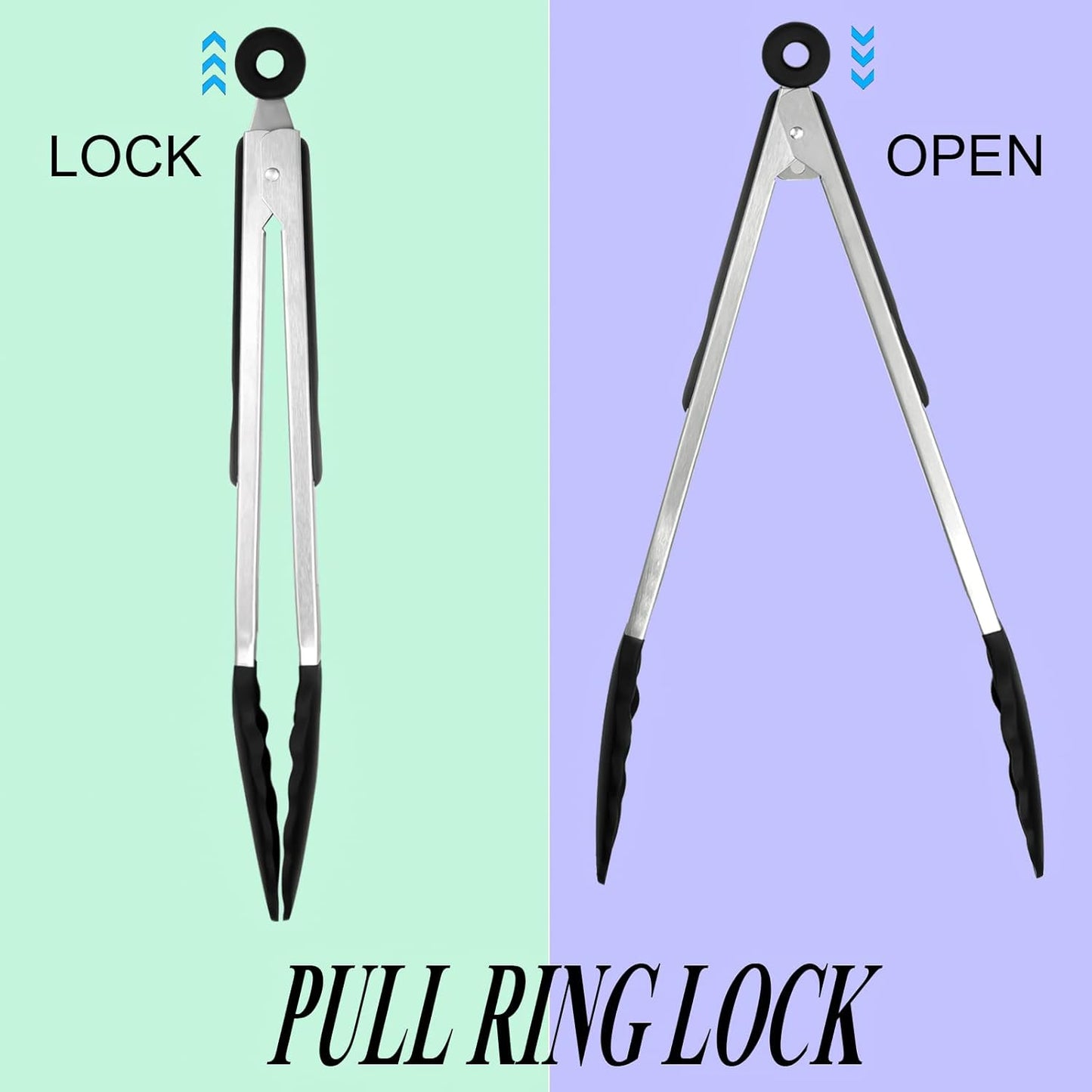 HST Tongs for Cooking with Silicone Tips(3 Pack), Non Stick Kitchen Tongs with Silicone Tip for Cooking BBQ Baking (12", Black)