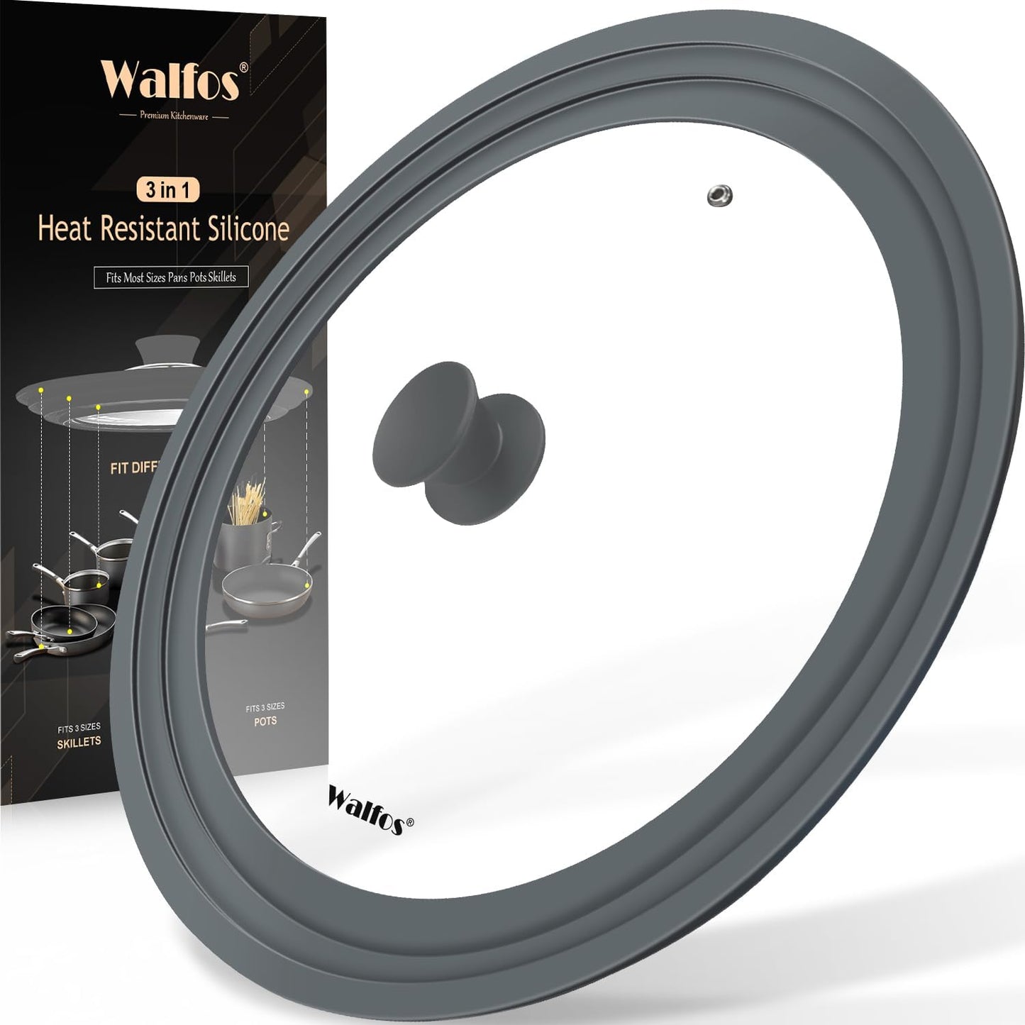 Walfos Universal Lid for 10.5", 11.5" and 12" Diameter Cookware, Fits Pots, Pans and Skillets - Walfos Tempered Glass Pan Lid with Heat Resistant Silicone Rim, BPA Free Pot Lids, Dishwasher-Safe, Gray