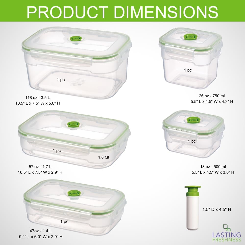 Lasting Freshness 11 piece Vacuum Seal Food Storage Containers with Vacuum Pump, Airtight and Leak Proof, Vacuum Sealed Food Storage Containers, Meal Prep Containers, Keep Food Fresh up to 5 X Longer