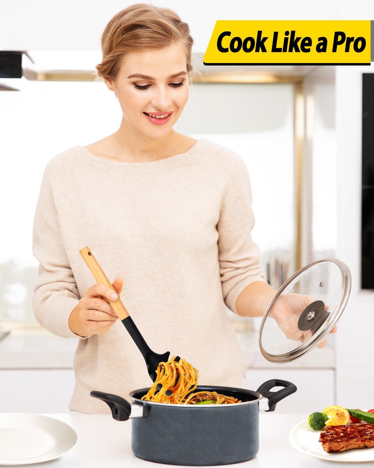 Pack of 2 Spaghetti Spoon, Silicone Pasta Fork with Wooden Handle, Heat Resistant Noodle Spoon Server, BPA Free Spaghetti Strainer(BLACK-KHAKI)