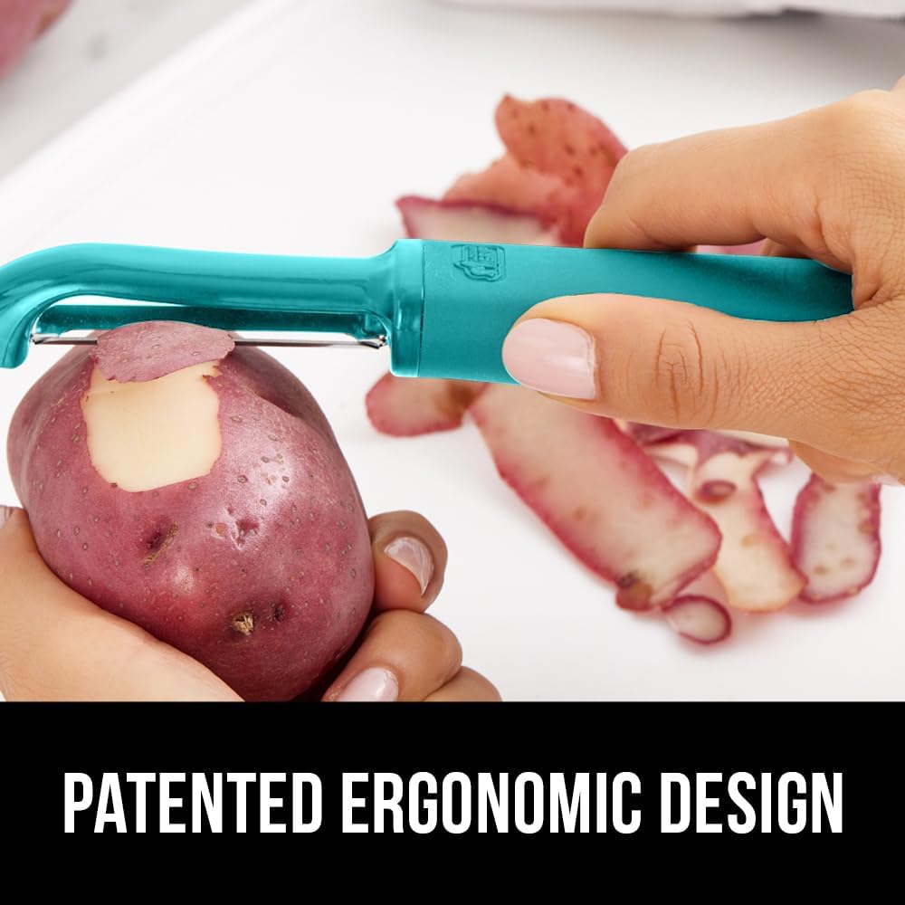 GORILLA GRIP Patented BPA-Free Sharp Stainless Steel Swivel Vegetable Peeler, Comfortable Handle Potato Peelers, Smooth Peeling, Peel Carrots Apple, Includes Blade Cover, Kitchen Tool, Turquoise