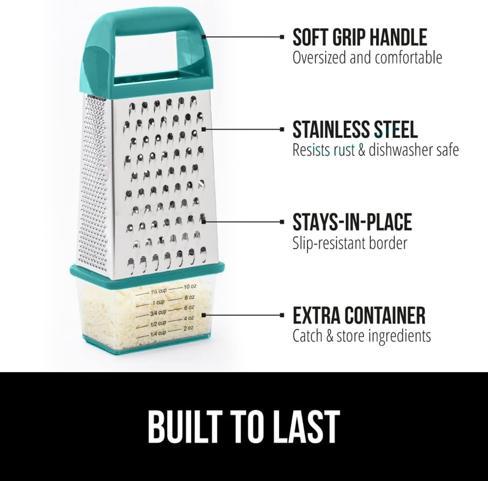 GORILLA GRIP 4-Sided 100% BPA-Free Cheese Grater With Container, Stainless Steel Box Graters, Parmesan Shredder, Grate Cheeses, Shred Veggies, Slip Resistant Handle, Dishwasher Safe Zester, Turquoise