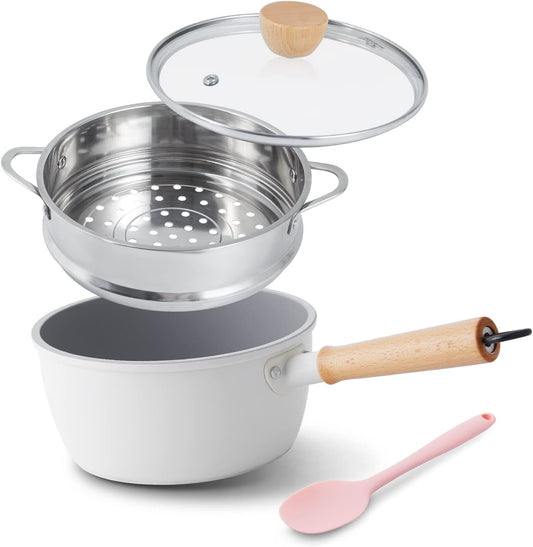 ROCKURWOK Ceramic Nonstick Sauce Pan with Lid, 2 Quart Cooking Pot, Small Saucepan with Steamer, PTFE & PFAS-Free, Wooden Handle for Cool Touch, Universal Base(Gas, Electric & Induction), White