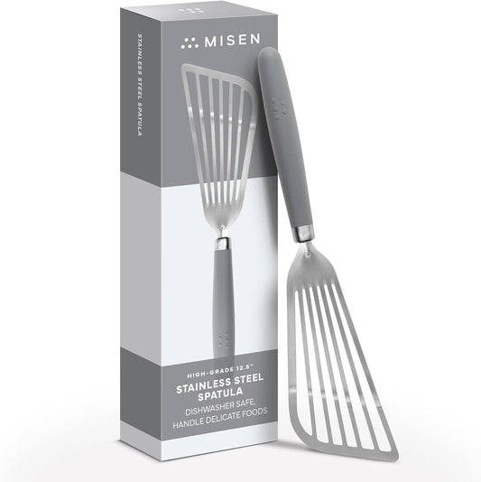 Misen Fish Stainless Steel Spatula - Slotted Turner for Cooking - Perfect for Frying - Heat Resistant - Dishwasher Safe -1mm Thick Flexible Flipper - Soft Silicone Grip Handle for Easy Use