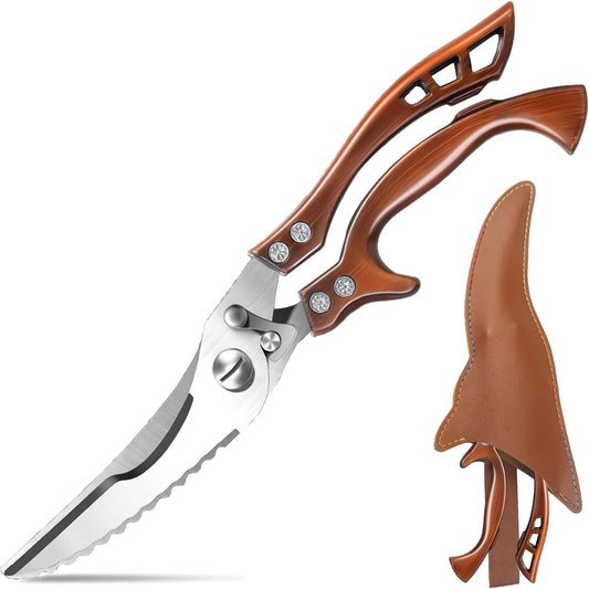 Poultry Shears Heavy Duty Professional, Multipurpose Kitchen Shears with Sheath, Spring-Loaded Stainless Steel Chef Scissors Cutting Bone, Chicken, Fish, Food, Meat, Full Steel Handle Brown