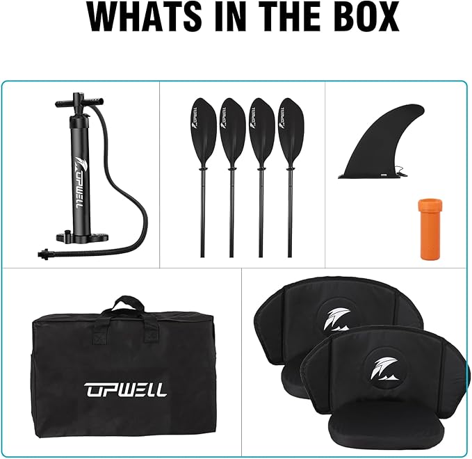 UPWELL 11'/14'6”Inflatable Kayak with Drop Stitch Floor and Accessories Including Kayak Seat with Thickened Cushion, Paddle, Fin, Repair Kits, Carry Bag and Hand Pump