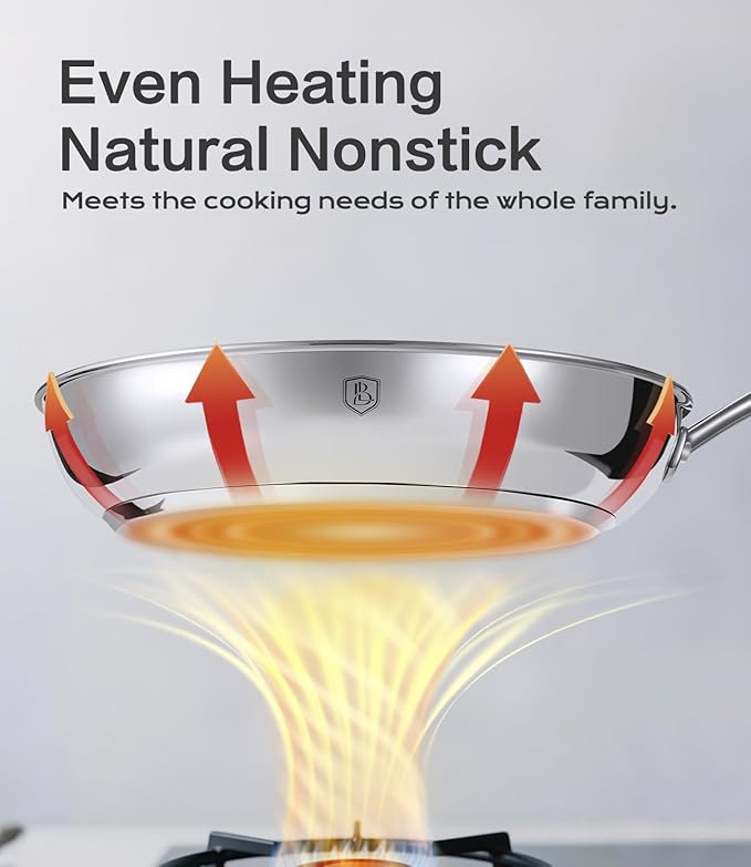 12 Inch Stainless Steel Pan, 5-Ply Clad Base 800℉ Safe Frying Pans for Even Heating, Premium Cookware for Induction, Gas,Electric&Oven